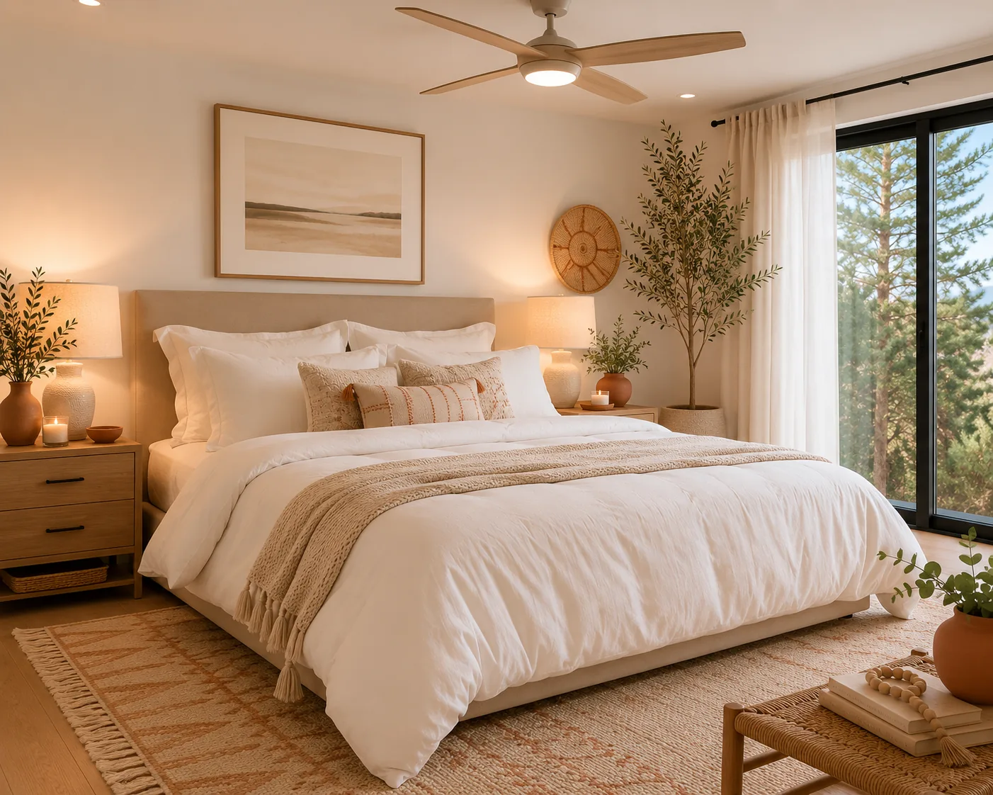 A calm bedroom with white linens, bedside lighting, a ceiling fan, artwork, and space for luggage